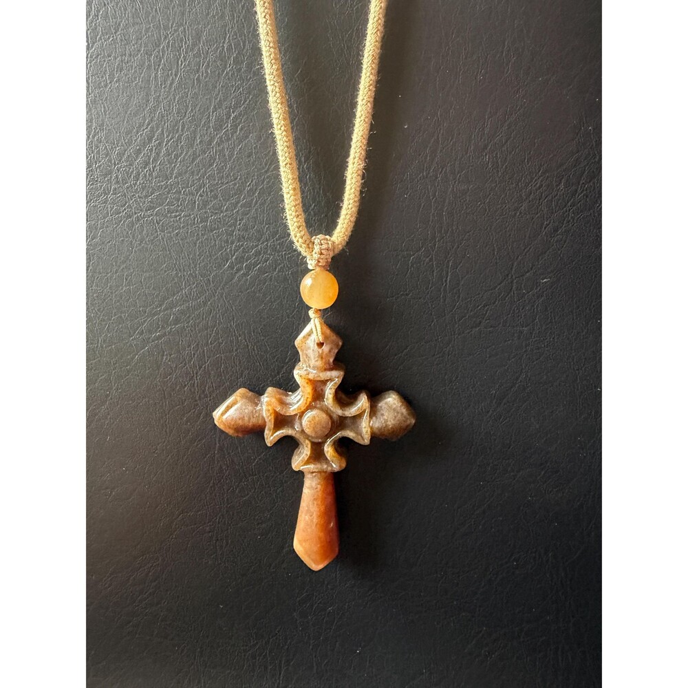 Natural Brown Sugar Jade Cross Pendant Necklace, Nephrite Cross Honey Agate Bead